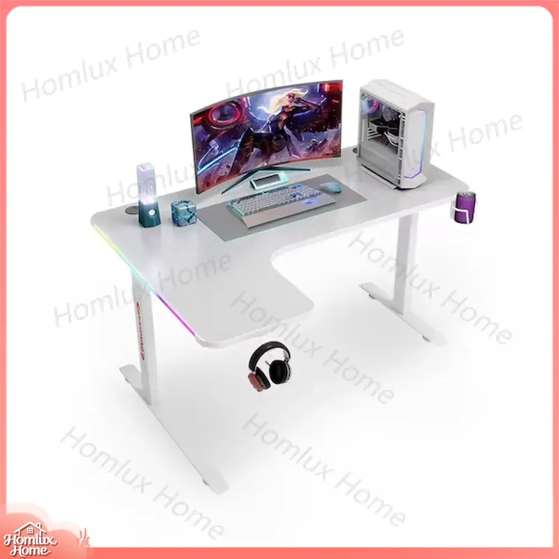 Desk Setup L Shaped - 大型L字型RGB LEDゲーミングデスク、高さ調整可能、ホワイト、モダンなPCコンピューターテーブル、eスポーツセットアップ、人間工学に基づいたオフィスデスク
