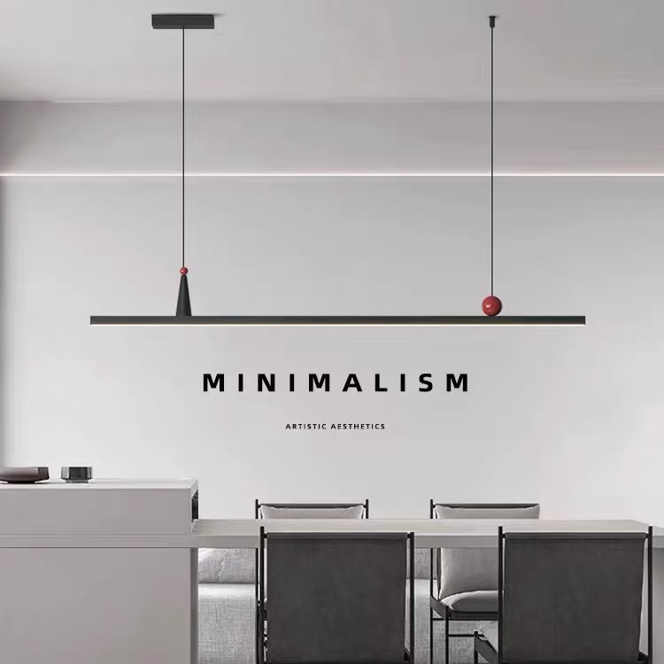 Desk Setup Minimalist - デザイナー高級レストランシャンデリア、モダンでシンプルなワンラインの長方形ダイニングテーブルとバーランプ、ミニマリストホテルフロントデスク