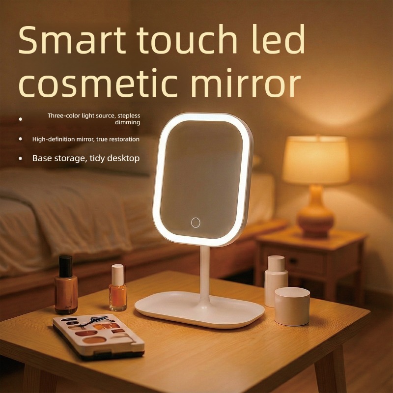 Desk Setup Lamp - 新しいLEDモダンデスクトップバニティミラー、ポータブル3色ライトLEDメイクアップタッチミラー、女性用寝室ドレッシング用