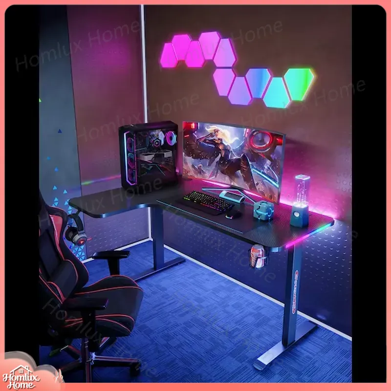 大型L字型RGB LEDゲーミングデスク、高さ調整可能、ホワ - Desk Setup L Shaped のレビューと価格