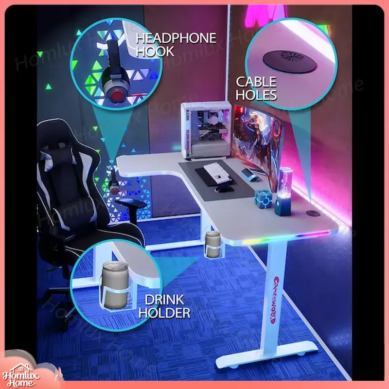 大型L字型RGB LEDゲーミングデスク、高さ調整可能、ホワ - Desk Setup L Shaped のレビューと価格